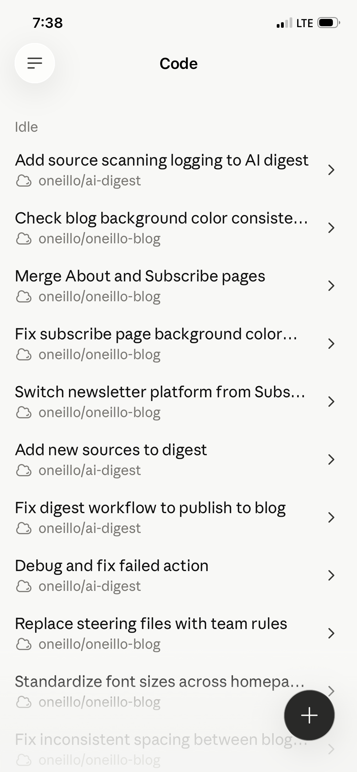 List of Claude Code chats for the blog in the iOS app